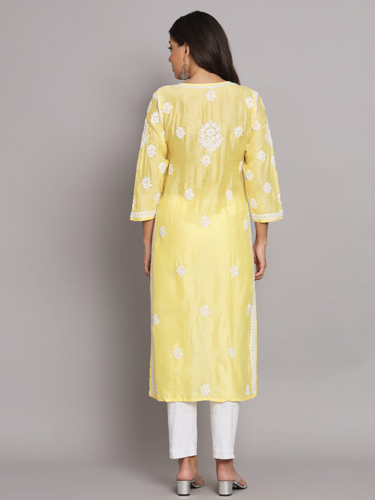 Hand Embroidered Chikankari Chanderi Angarkha Kurta With Mukaish Work-AL3672 Yellow