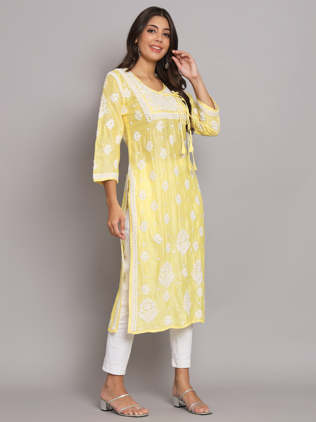Hand Embroidered Chikankari Chanderi Angarkha Kurta With Mukaish Work-AL3672 Yellow