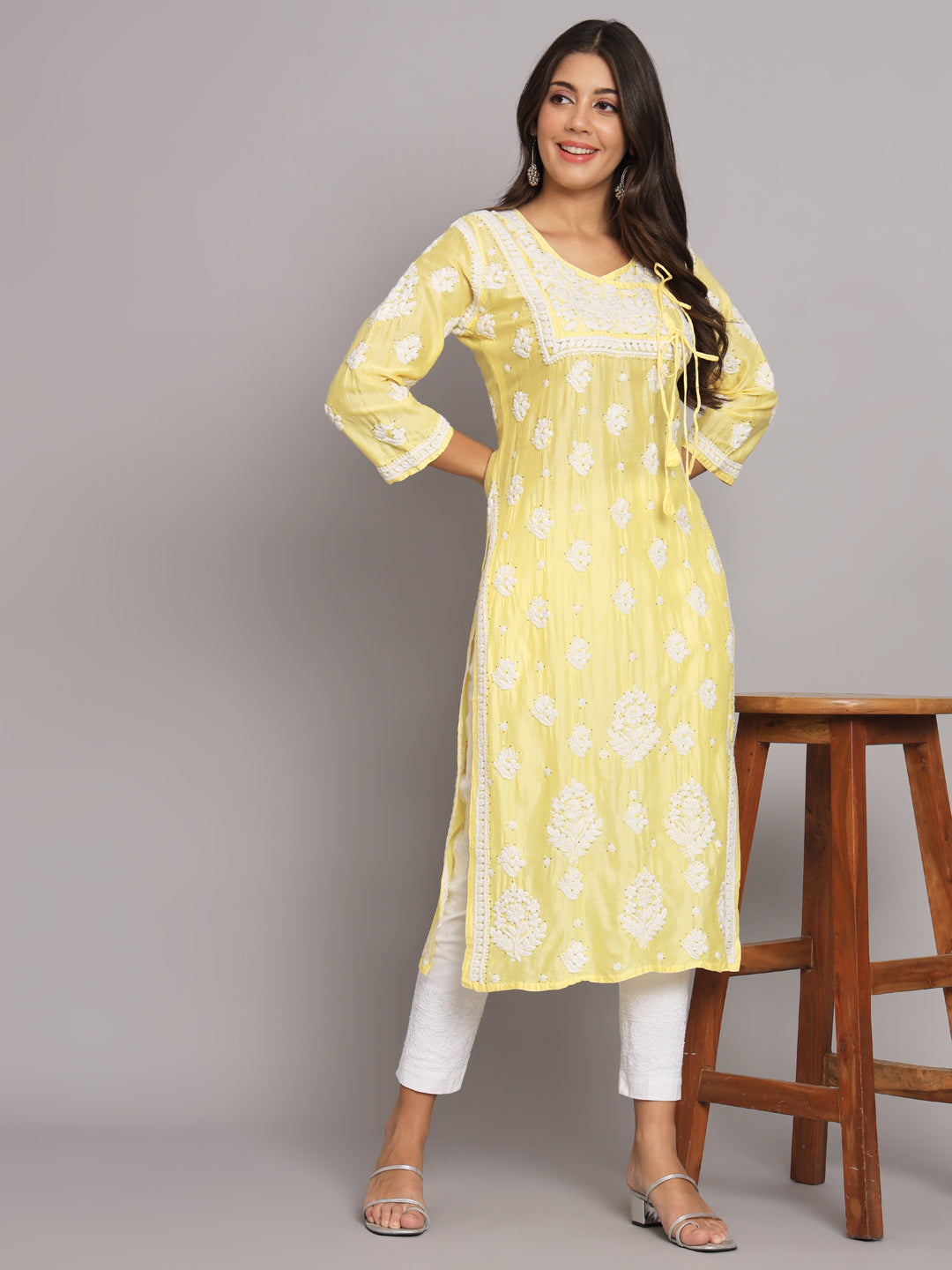 Hand Embroidered Chikankari Chanderi Angarkha Kurta With Mukaish Work-AL3672 Yellow