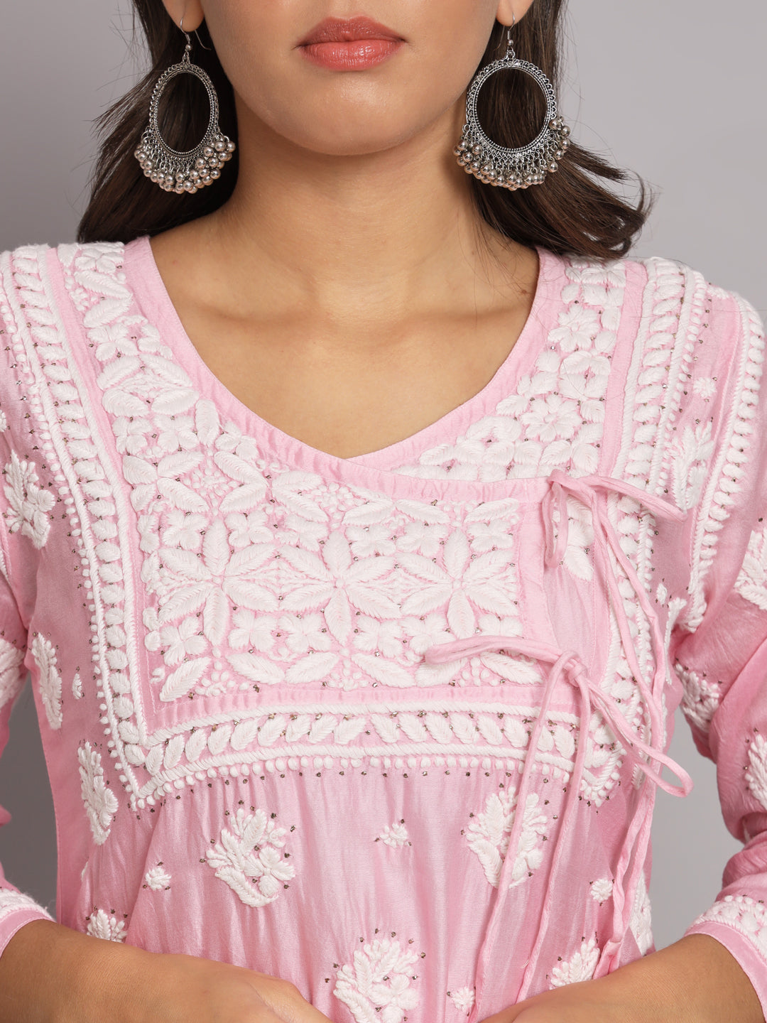 Hand Embroidered Chikankari Chanderi Angarkha Kurta With Mukaish Work-AL3672 Pink