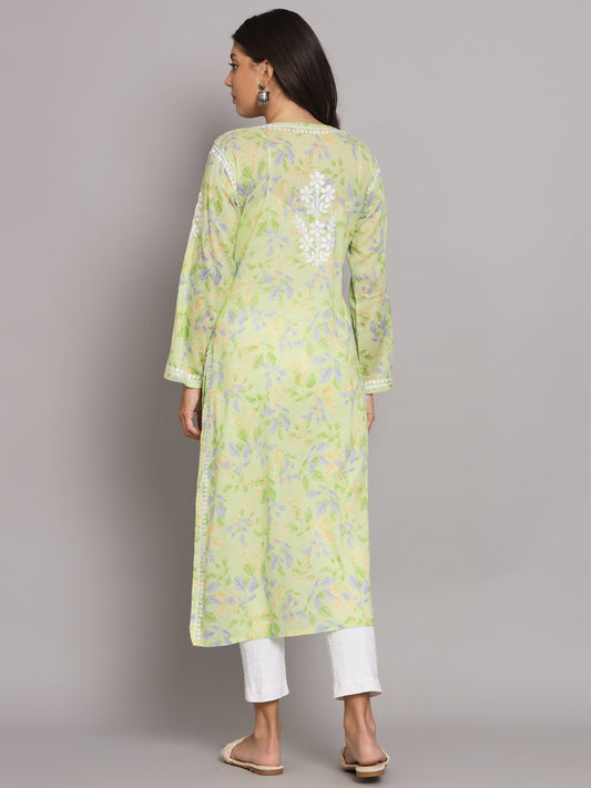Hand Embroidered Chikan Printed Mulmul Cotton Straight Kurta-AL3680 Green