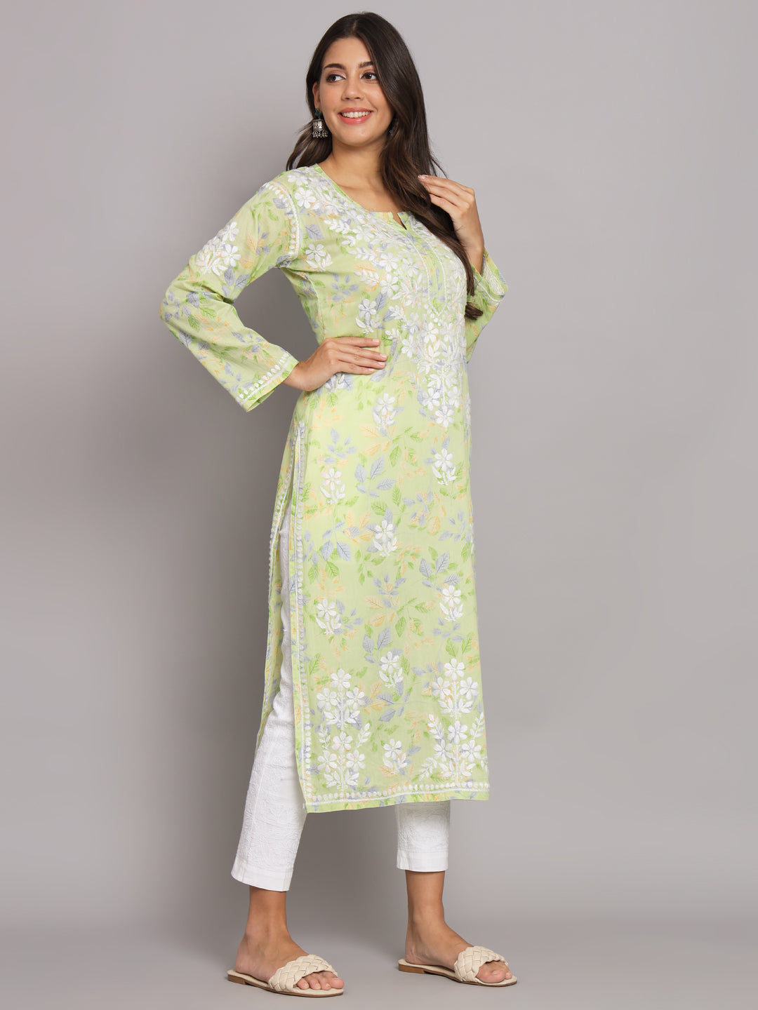 Hand Embroidered Chikan Printed Mulmul Cotton Straight Kurta-AL3680 Green