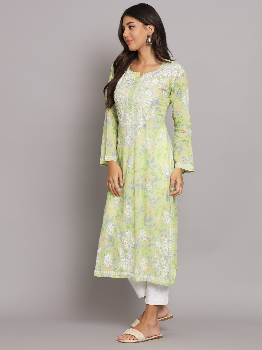 Hand Embroidered Chikan Printed Mulmul Cotton Straight Kurta-AL3680 Green