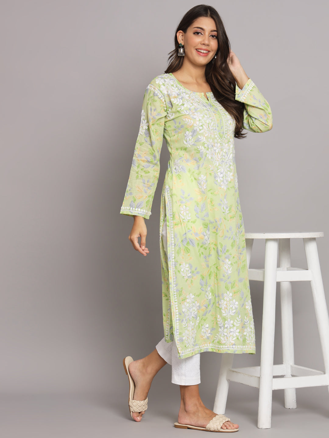 Hand Embroidered Chikan Printed Mulmul Cotton Straight Kurta-AL3680 Green