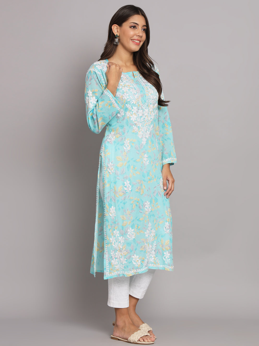 Hand Embroidered Chikan Printed Mulmul Cotton Straight Kurta-AL3680 Blue