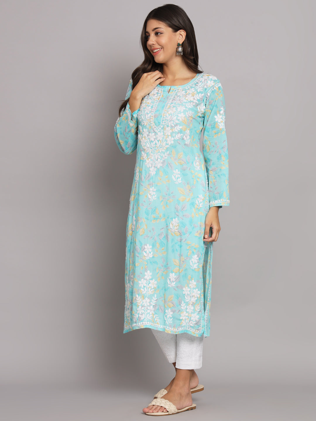 Hand Embroidered Chikan Printed Mulmul Cotton Straight Kurta-AL3680 Blue
