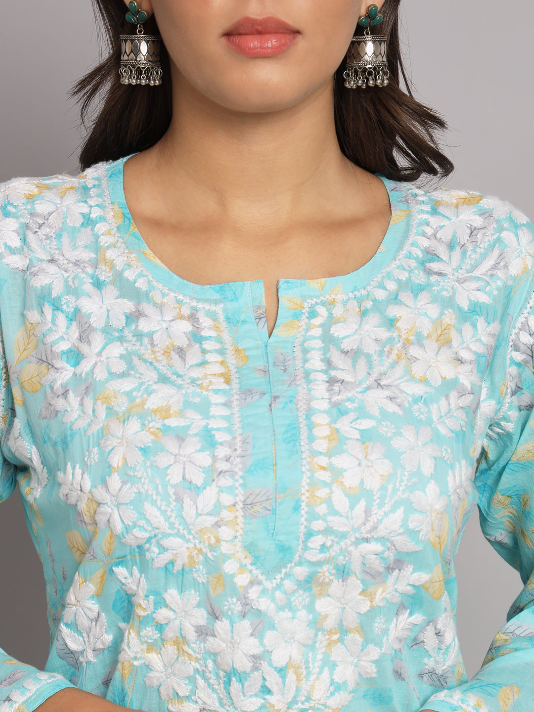 Hand Embroidered Chikan Printed Mulmul Cotton Straight Kurta-AL3680 Blue