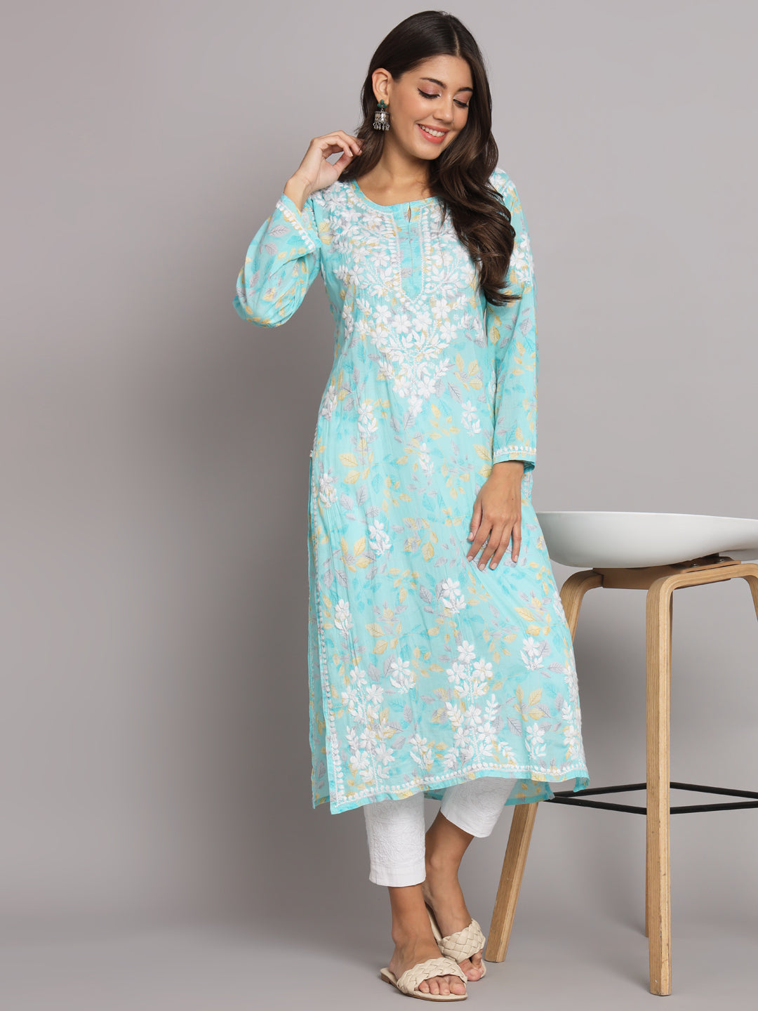 Hand Embroidered Chikan Printed Mulmul Cotton Straight Kurta-AL3680 Blue