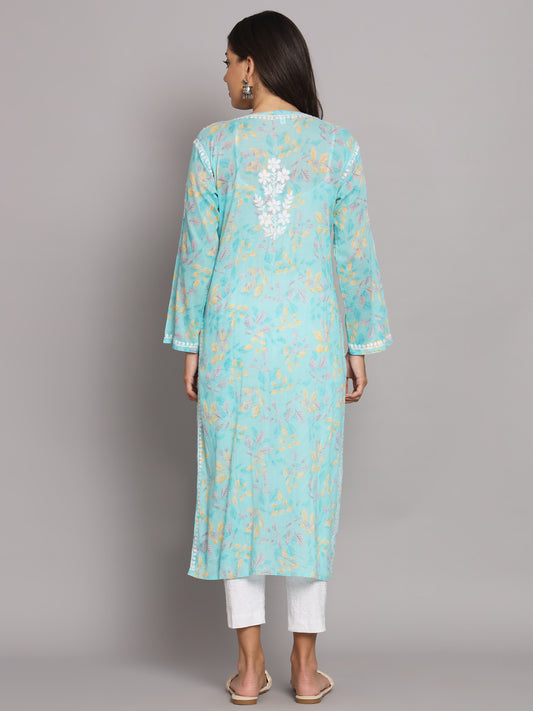 Hand Embroidered Chikan Printed Mulmul Cotton Straight Kurta-AL3680 Blue