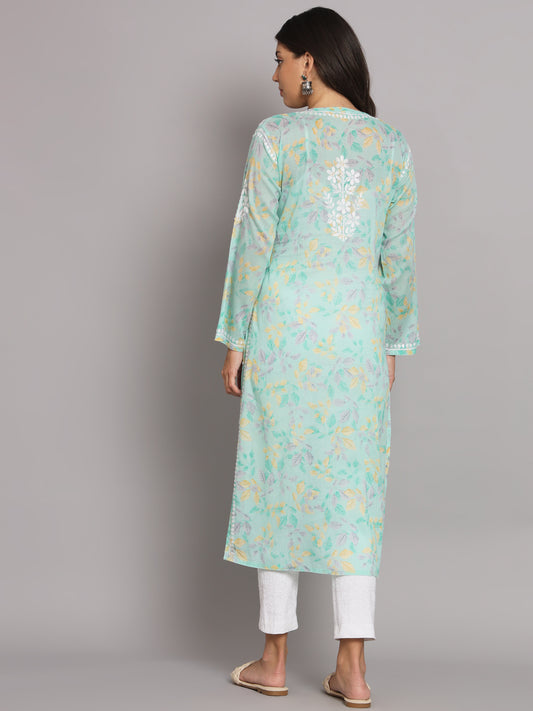 Hand Embroidered Chikan Printed Mulmul Cotton Straight Kurta-AL3680 Seagreen