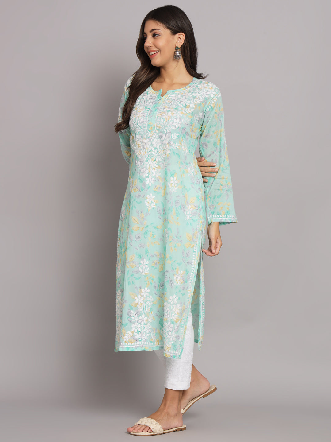 Hand Embroidered Chikan Printed Mulmul Cotton Straight Kurta-AL3680 Seagreen