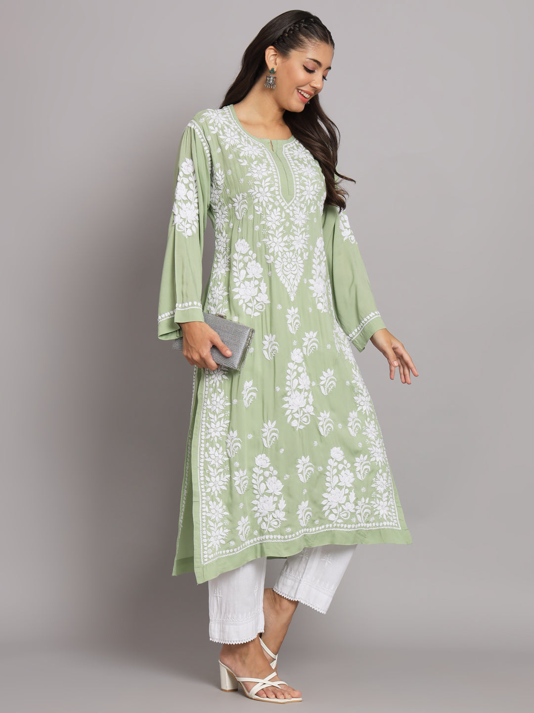 Hand Embroidered Chikankari Modal Straight Kurta-AL3682 Green