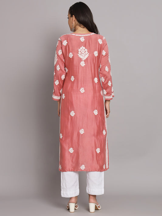 Hand Embroidered Chikankari Chanderi Angarkha Kurta With Mukaish Work-AL3672 Rust