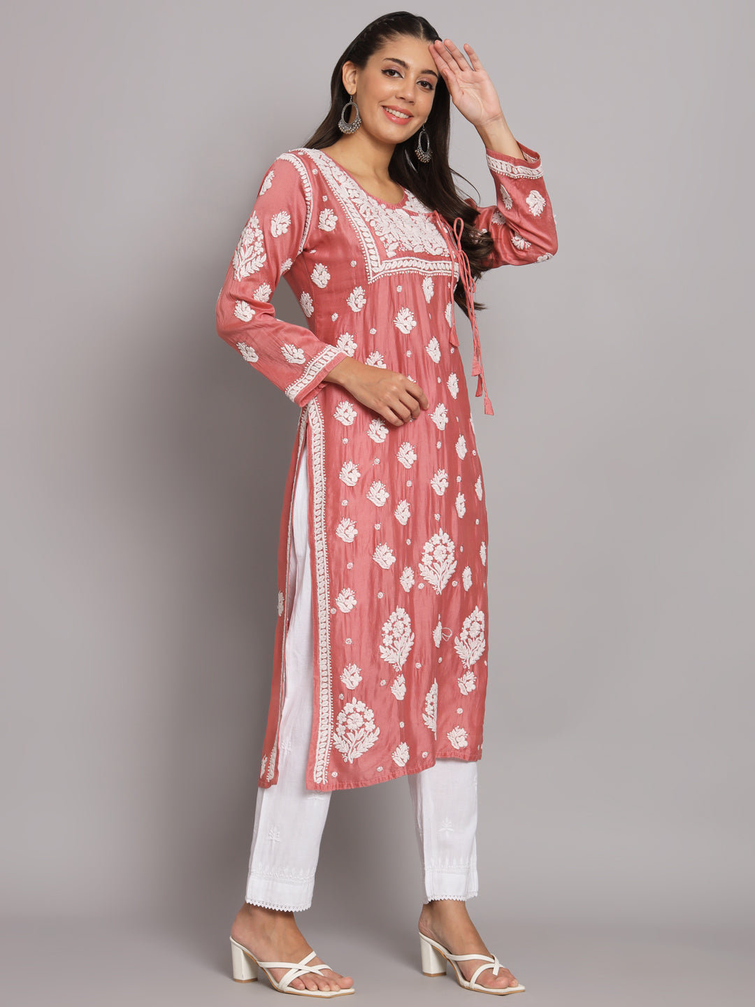 Hand Embroidered Chikankari Chanderi Angarkha Kurta With Mukaish Work-AL3672 Rust