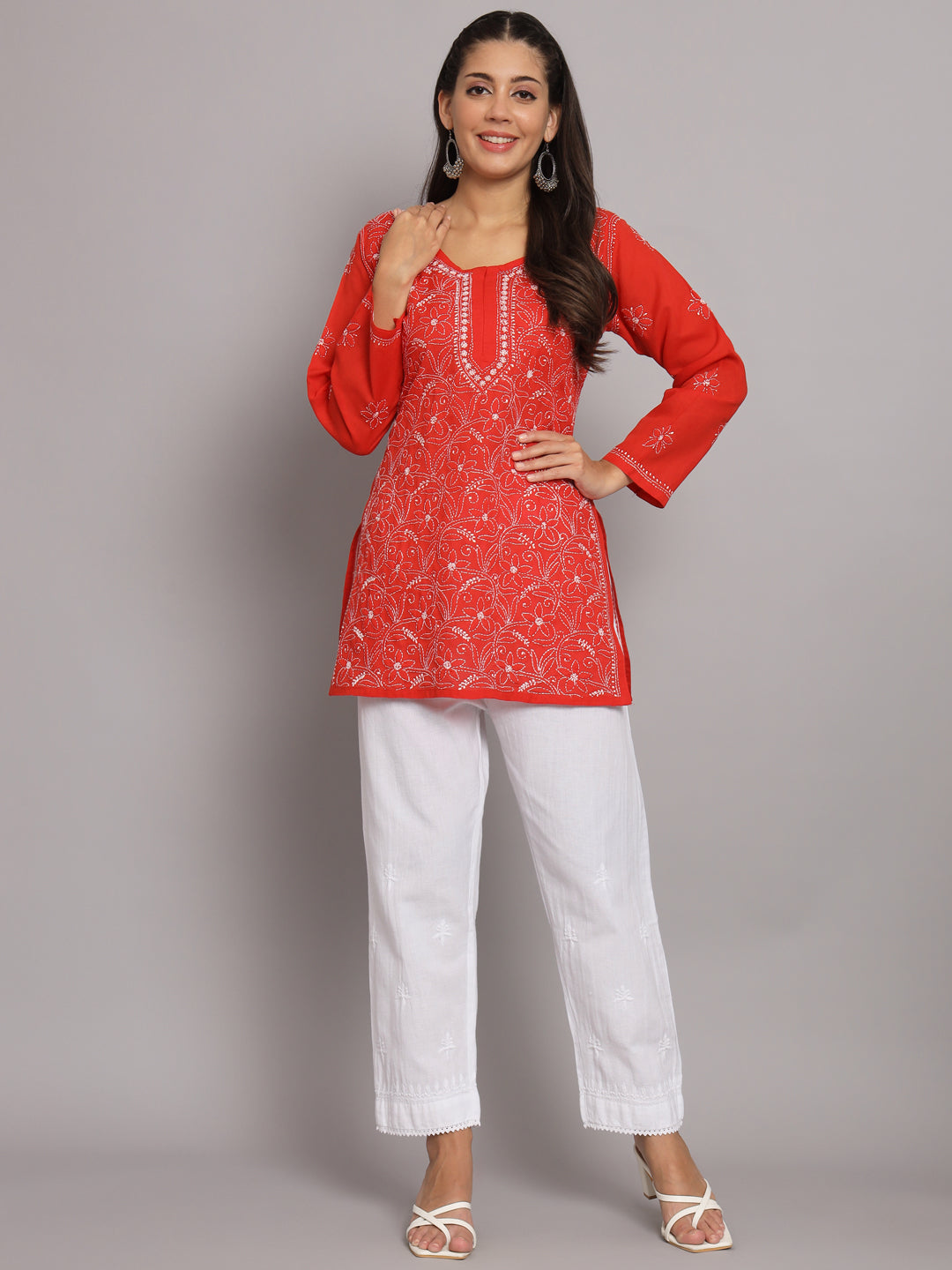 Hand Embroidered Chikankari Cotton Straight Tunic-AL3591 Red