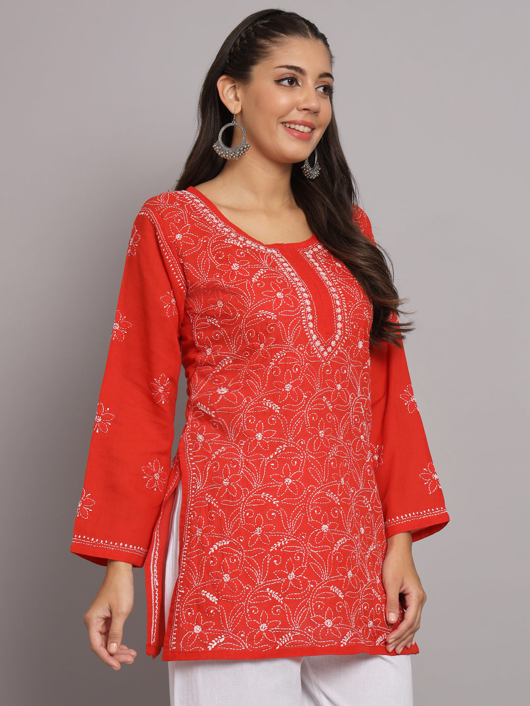 Hand Embroidered Chikankari Cotton Straight Tunic-AL3591 Red