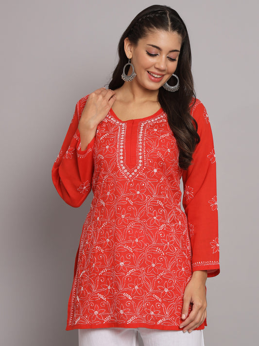 Hand Embroidered Chikankari Cotton Straight Tunic-AL3591 Red