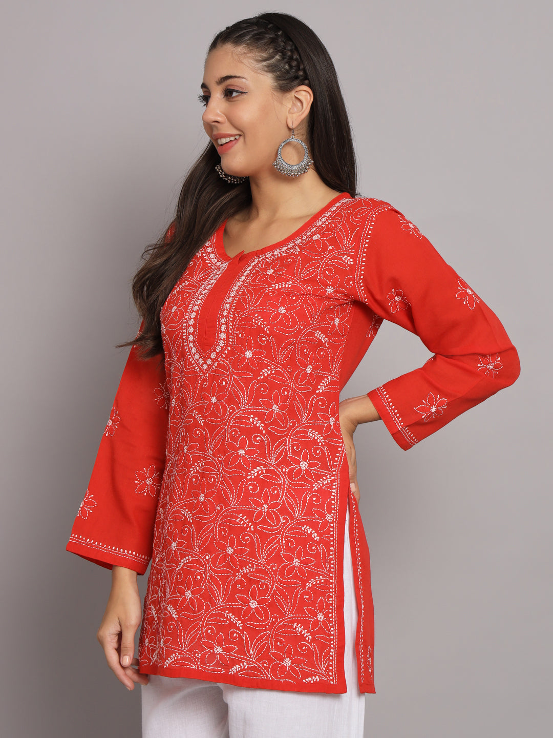 Hand Embroidered Chikankari Cotton Straight Tunic-AL3591 Red