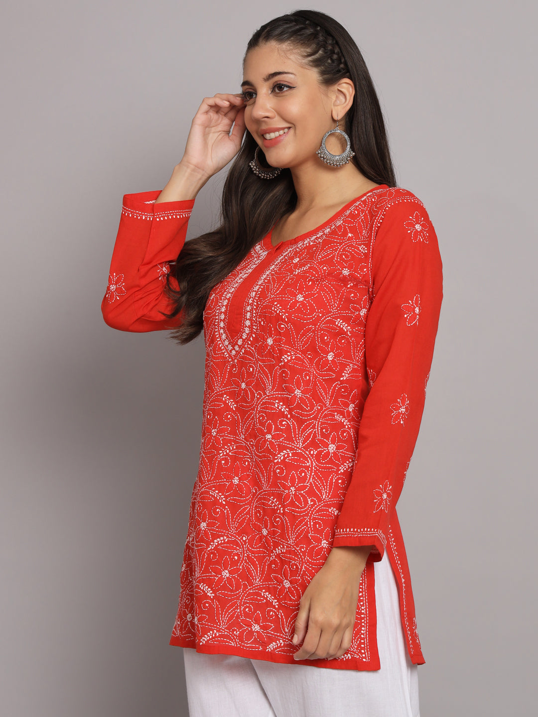 Hand Embroidered Chikankari Cotton Straight Tunic-AL3591 Red
