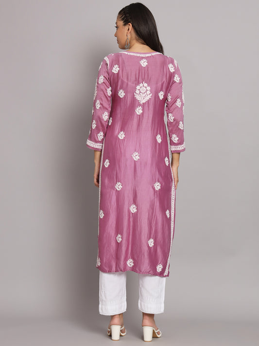 Hand Embroidered Chikankari Chanderi Angarkha Kurta With Mukaish Work-AL3672 Mauve