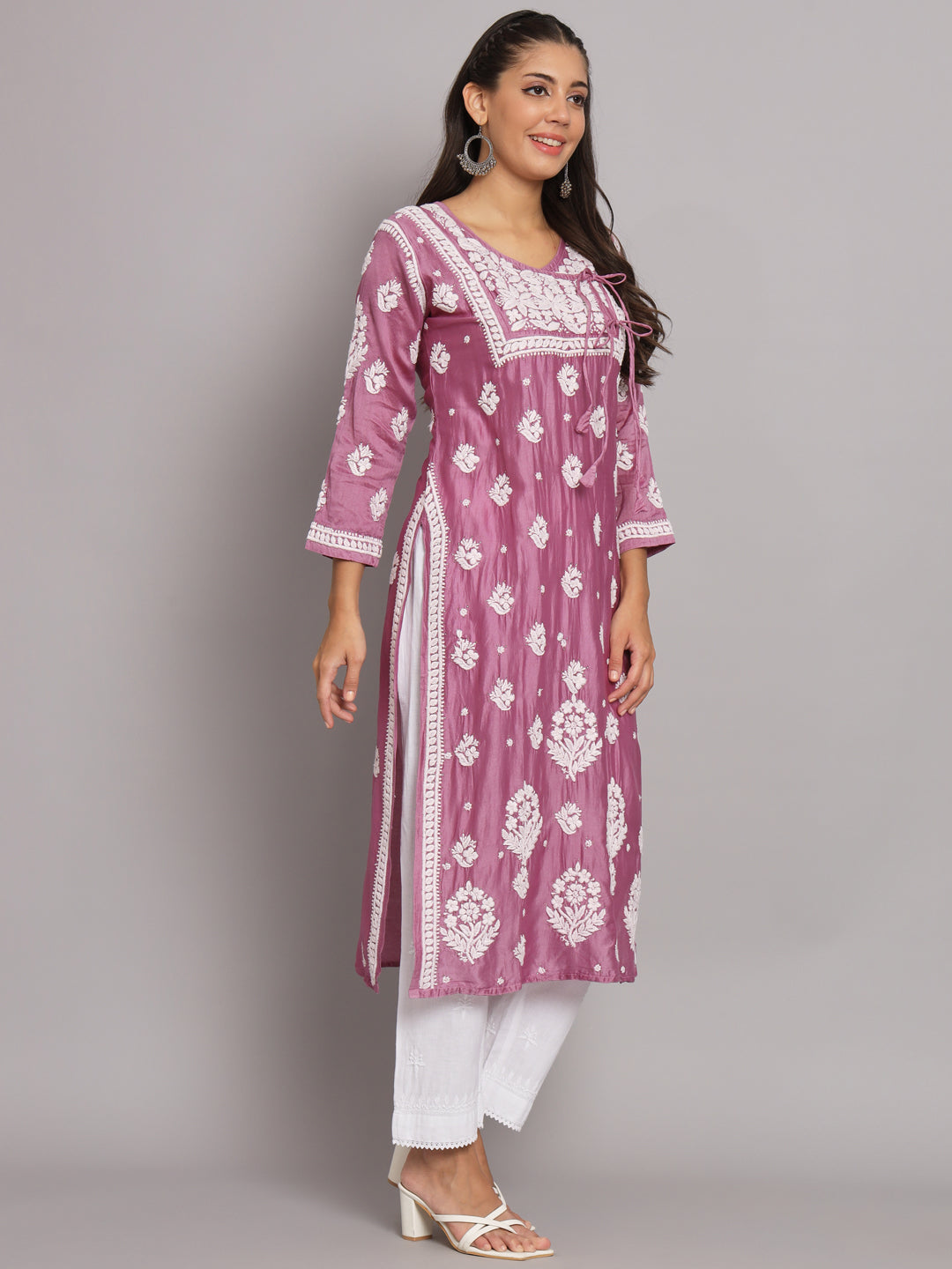 Hand Embroidered Chikankari Chanderi Angarkha Kurta With Mukaish Work-AL3672 Mauve
