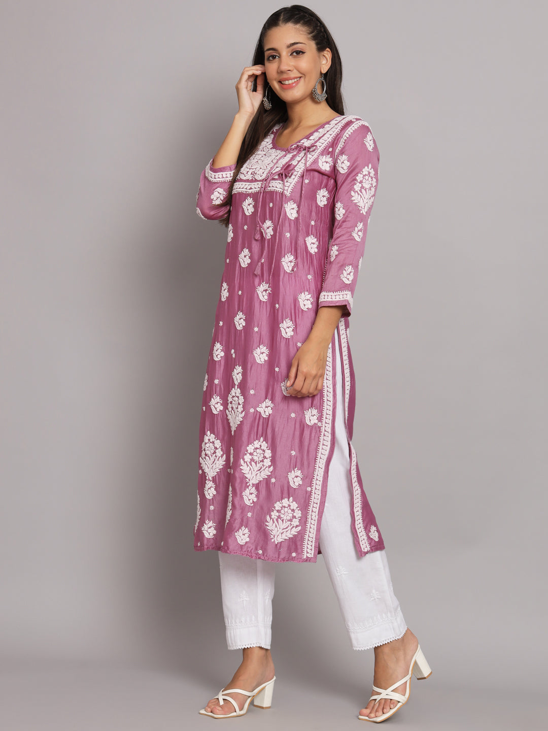 Hand Embroidered Chikankari Chanderi Angarkha Kurta With Mukaish Work-AL3672 Mauve