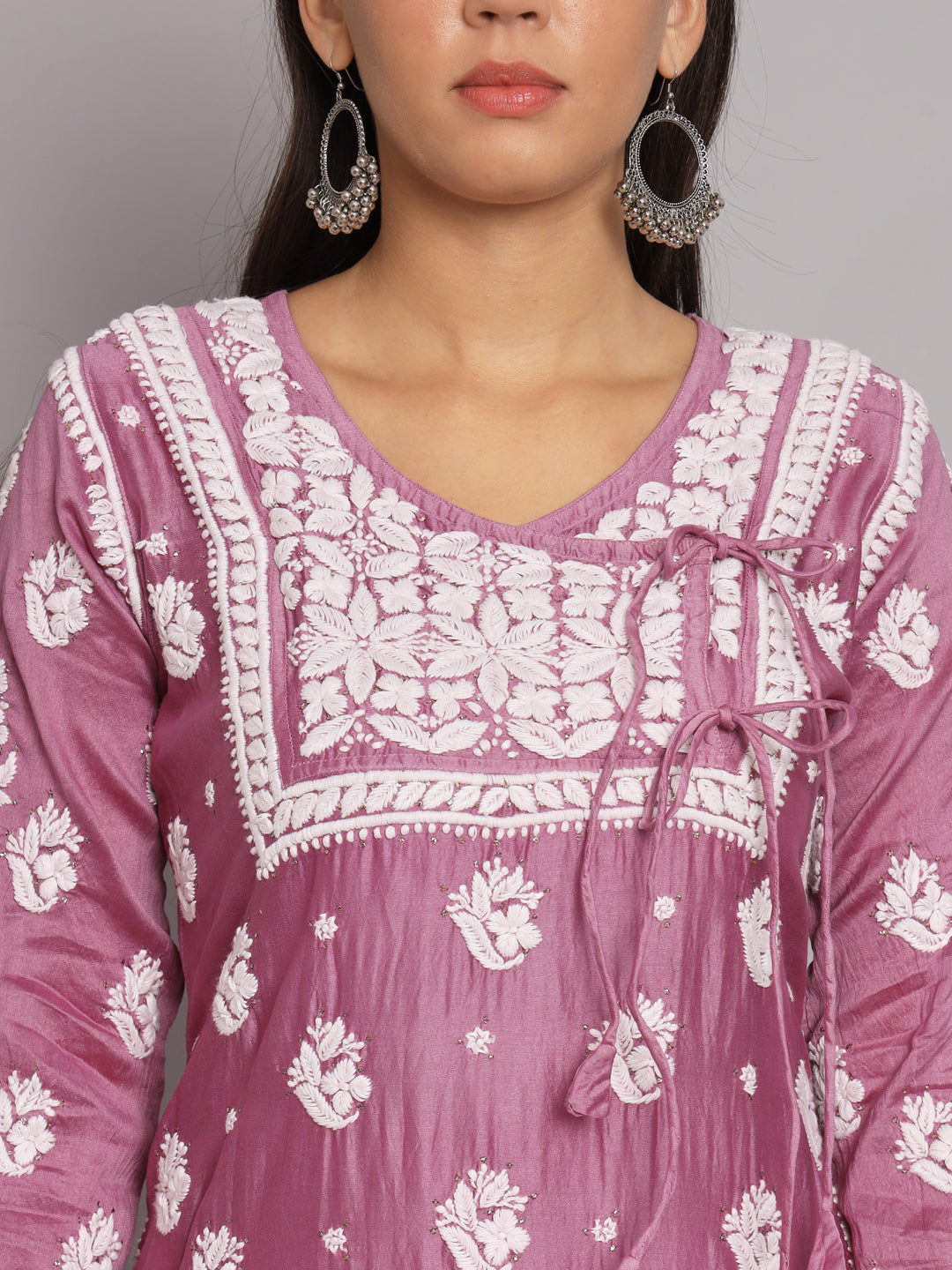 Hand Embroidered Chikankari Chanderi Angarkha Kurta With Mukaish Work-AL3672 Mauve