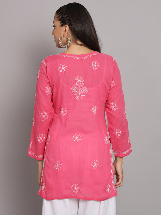Hand Embroidered Chikankari Cotton Straight Tunic-AL3591 Hotpink