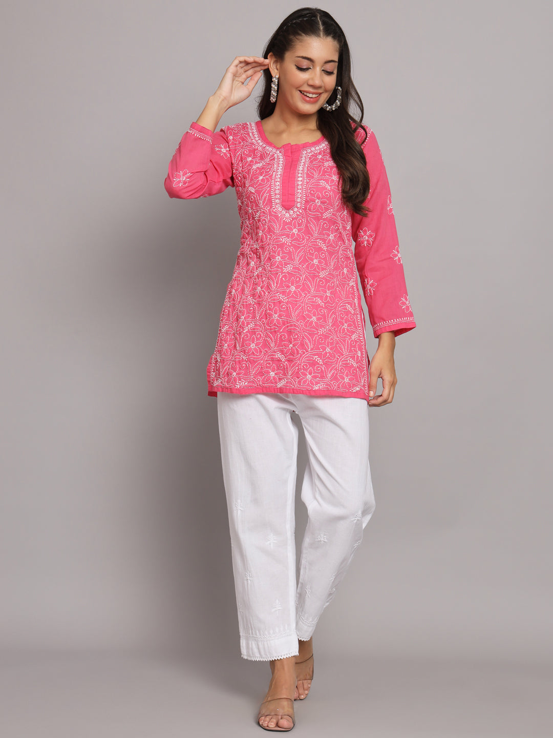 Hand Embroidered Chikankari Cotton Straight Tunic-AL3591 Hotpink