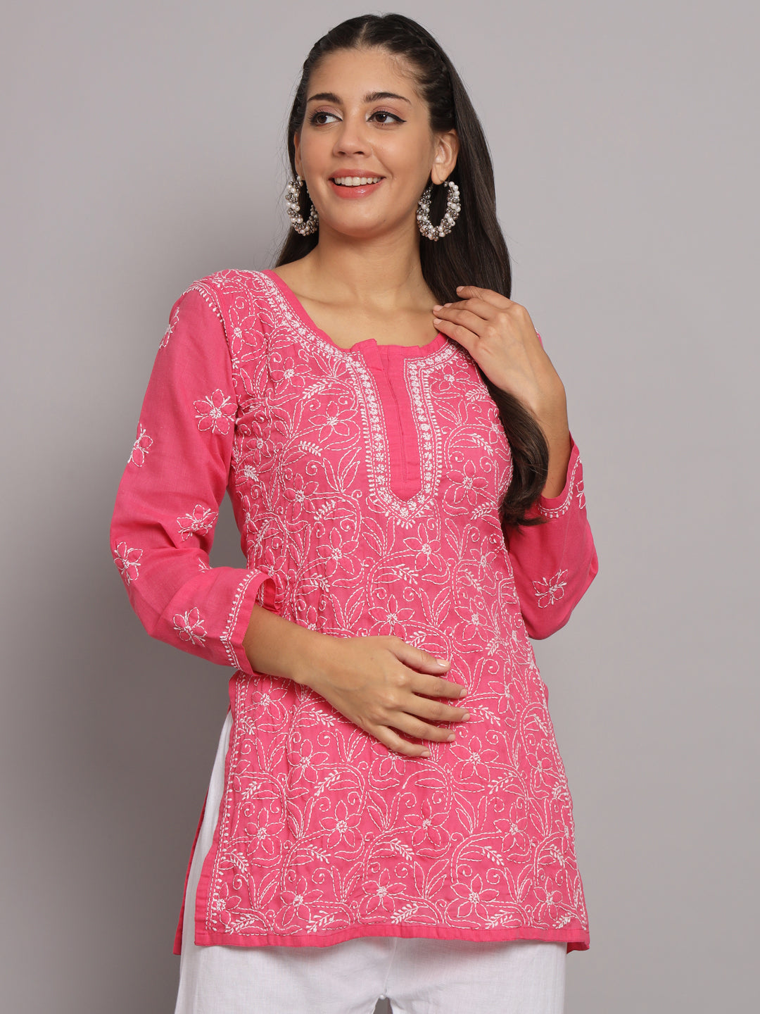 Hand Embroidered Chikankari Cotton Straight Tunic-AL3591 Red
