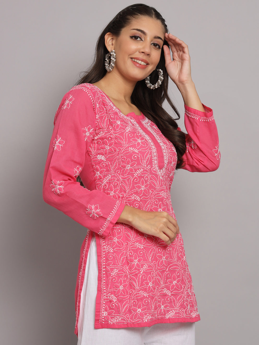 Hand Embroidered Chikankari Cotton Straight Tunic-AL3591 Hotpink