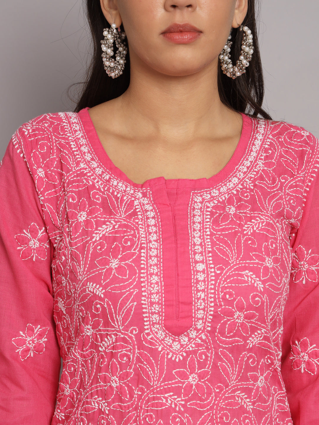 Hand Embroidered Chikankari Cotton Straight Tunic-AL3591 Hotpink