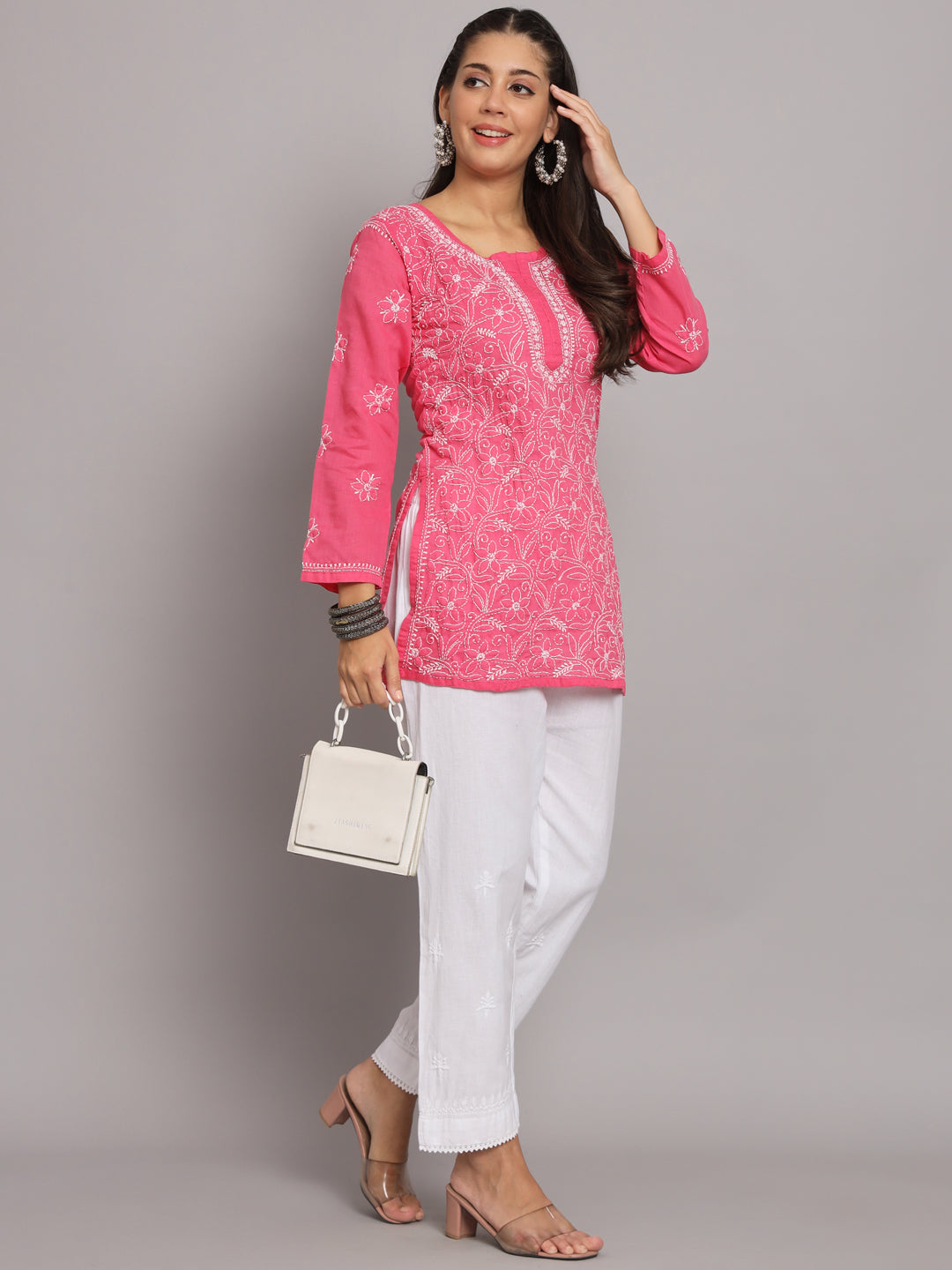 Hand Embroidered Chikankari Cotton Straight Tunic-AL3591 Hotpink