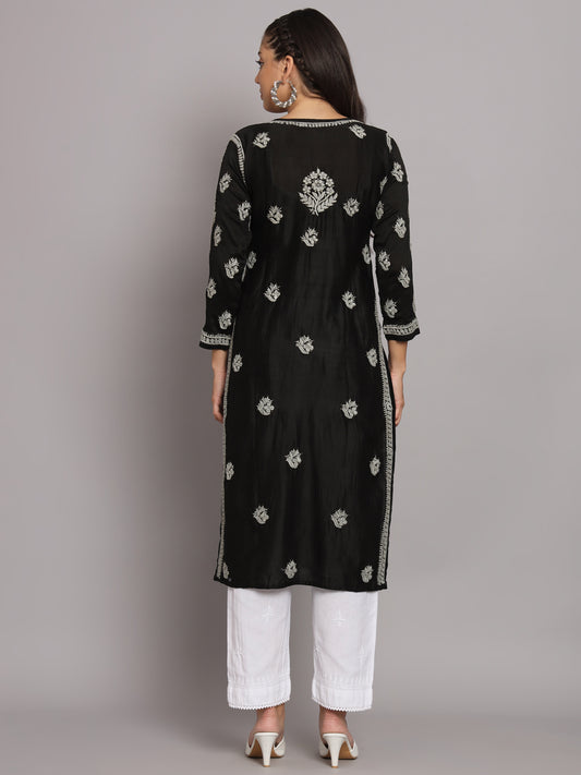 Hand Embroidered Chikankari Chanderi Angarkha Kurta With Mukaish Work-AL3672 Black