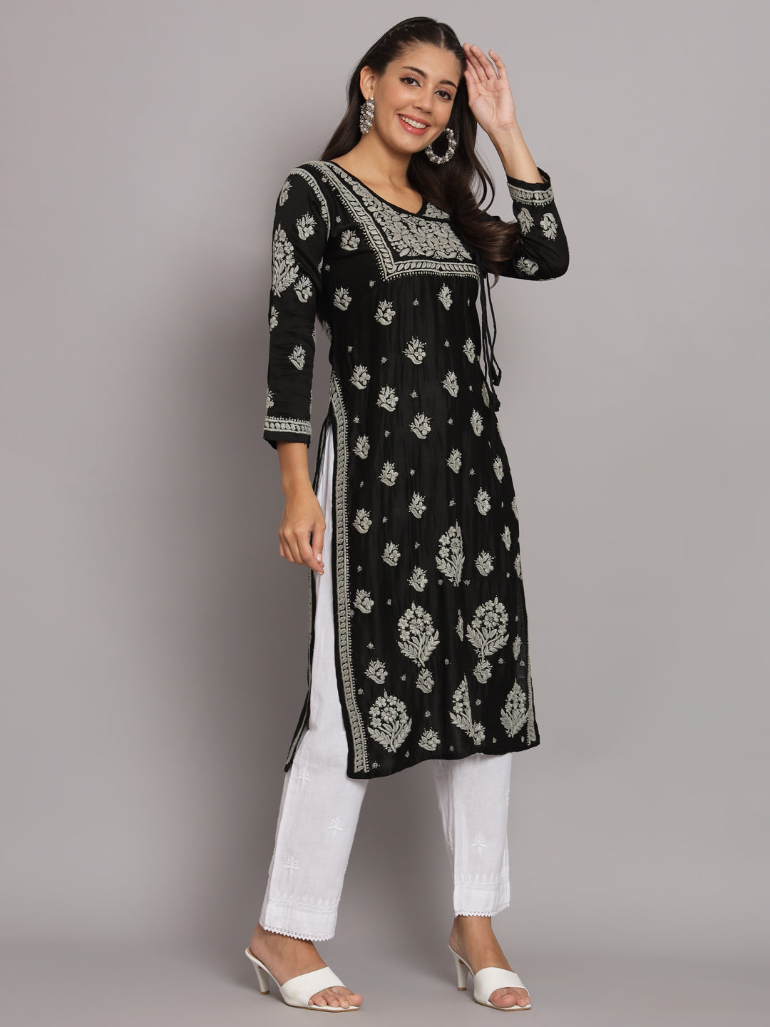 Hand Embroidered Chikankari Chanderi Angarkha Kurta With Mukaish Work-AL3672 Black