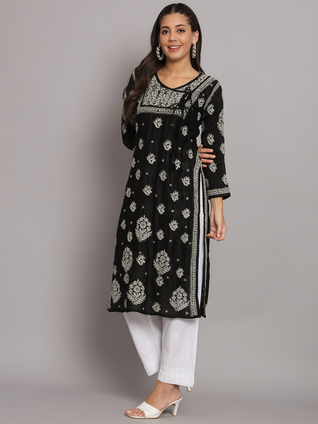 Hand Embroidered Chikankari Chanderi Angarkha Kurta With Mukaish Work-AL3672 Black