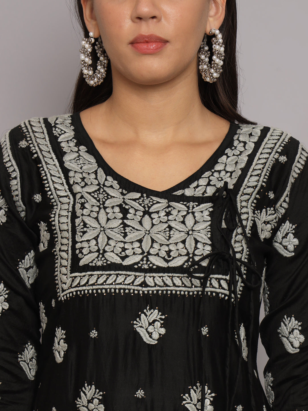 Hand Embroidered Chikankari Chanderi Angarkha Kurta With Mukaish Work-AL3672 Black