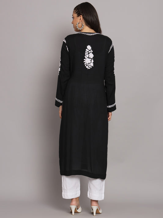 Hand Embroidered Chikankari Modal Straight Kurta-AL3682 Black