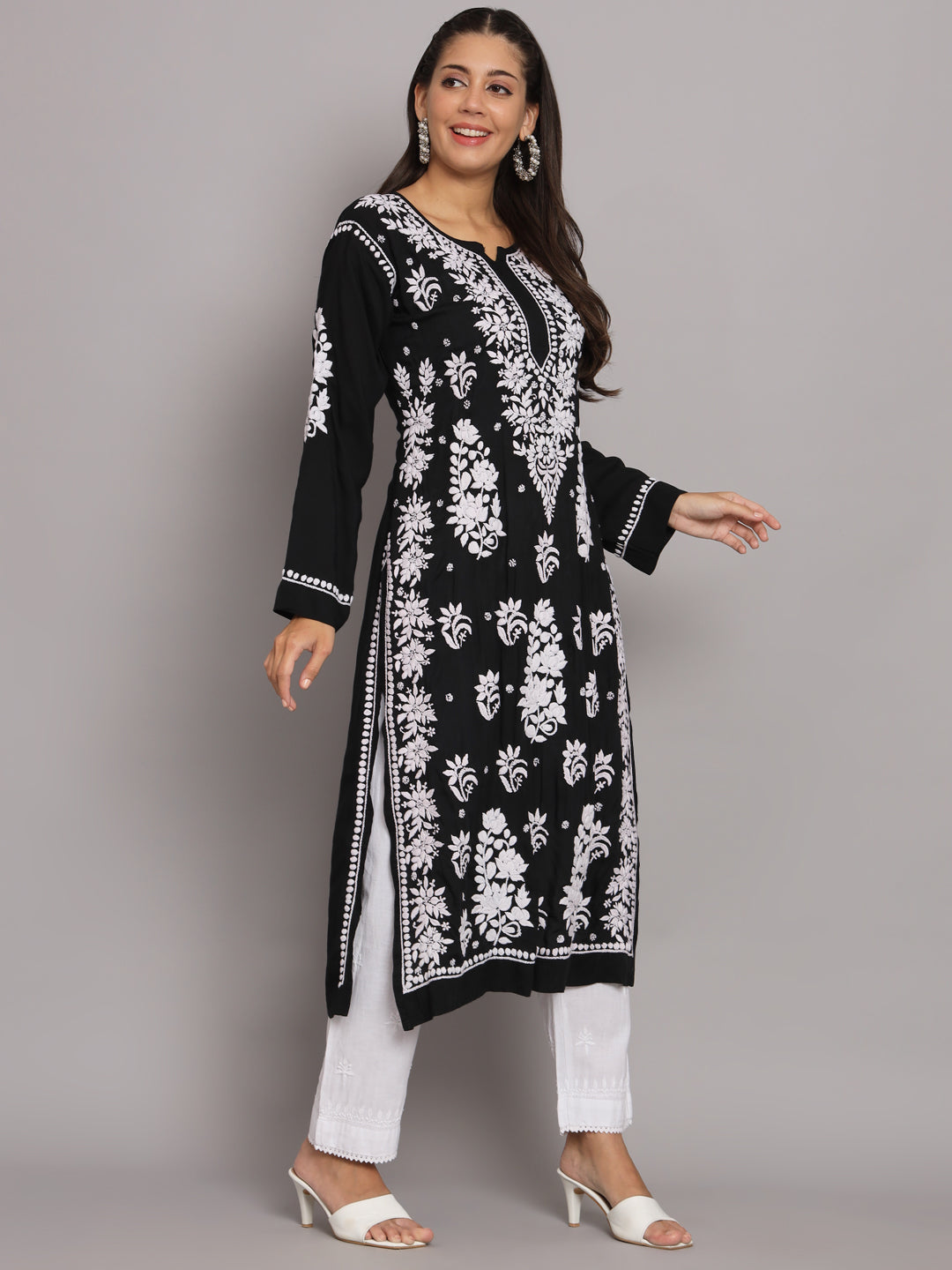 Hand Embroidered Chikankari Modal Straight Kurta-AL3682 Black