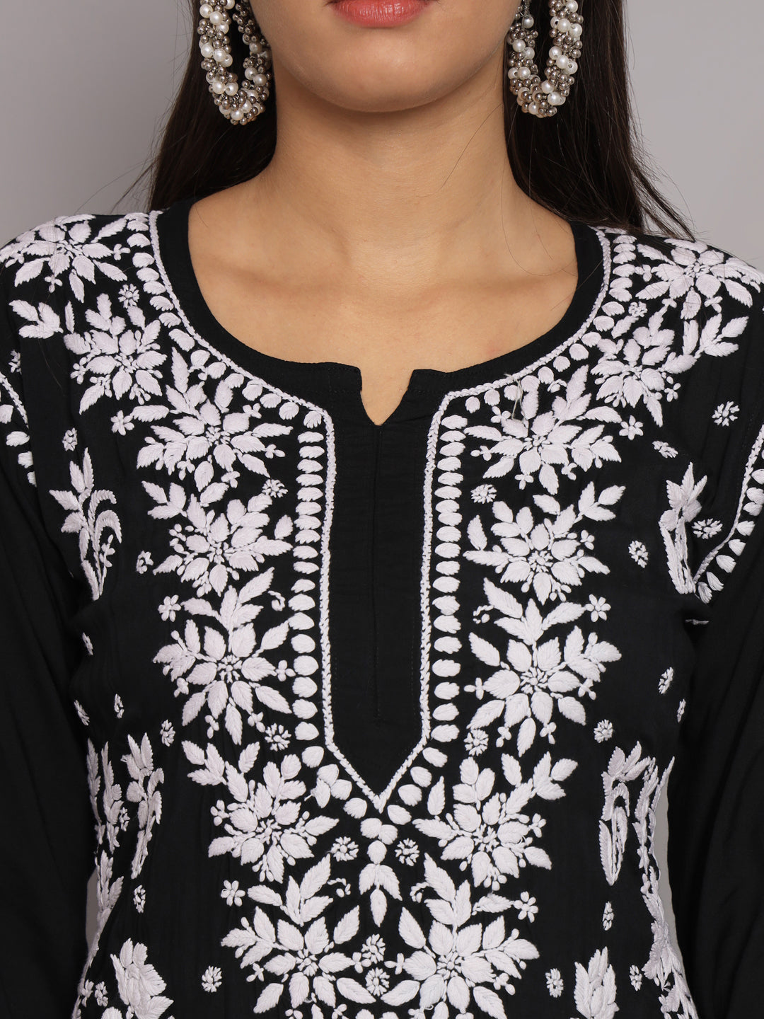 Hand Embroidered Chikankari Modal Straight Kurta-AL3682 Black