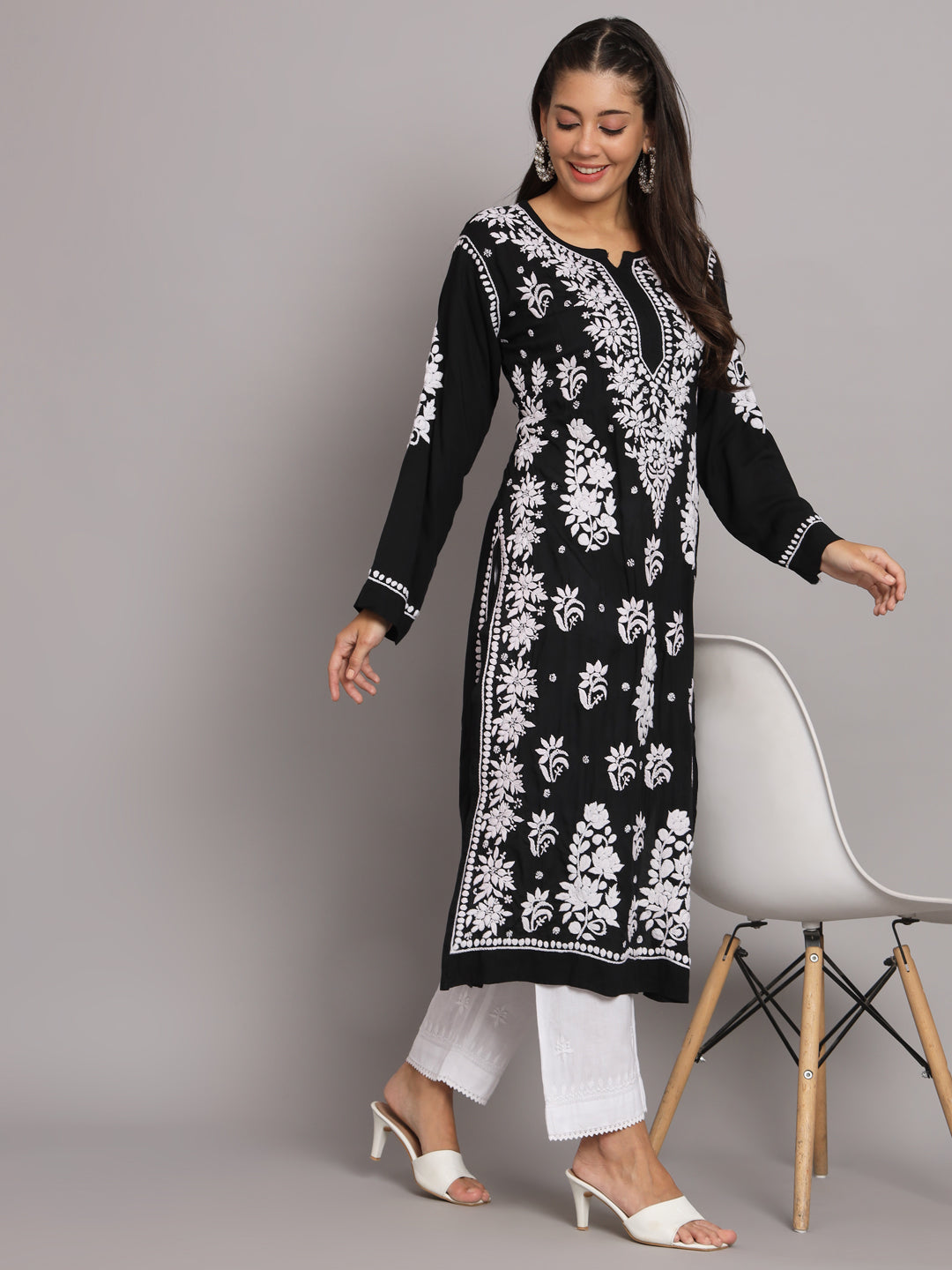 Hand Embroidered Chikankari Modal Straight Kurta-AL3682 Black