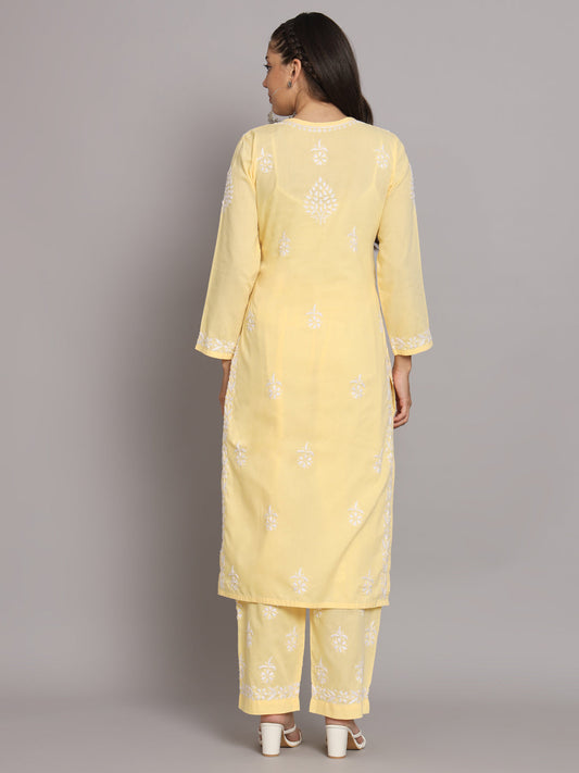 Women Hand Embroidered Chikankari Cotton Kurta Set-AL3674KS Yellow