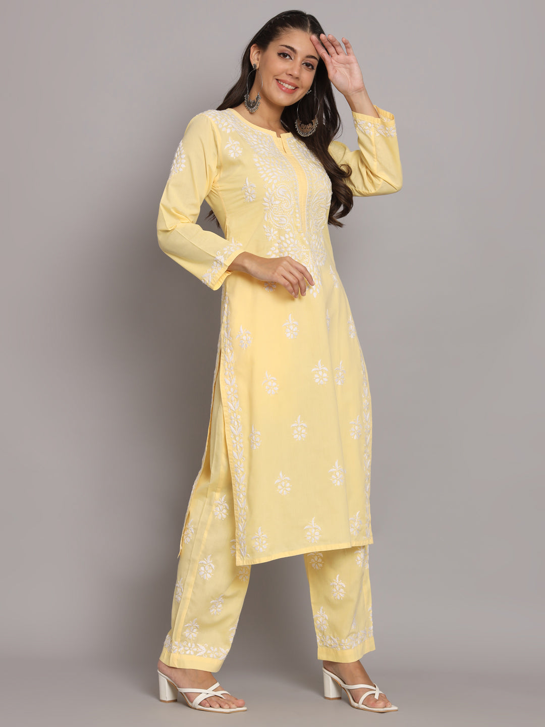 Women Hand Embroidered Chikankari Cotton Kurta Set-AL3674KS Yellow