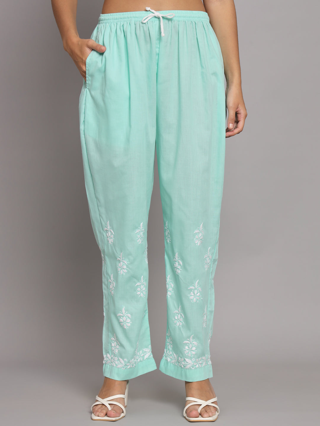 Women Hand Embroidered Chikankari Cotton Kurta Set-AL3674KS Seagreen