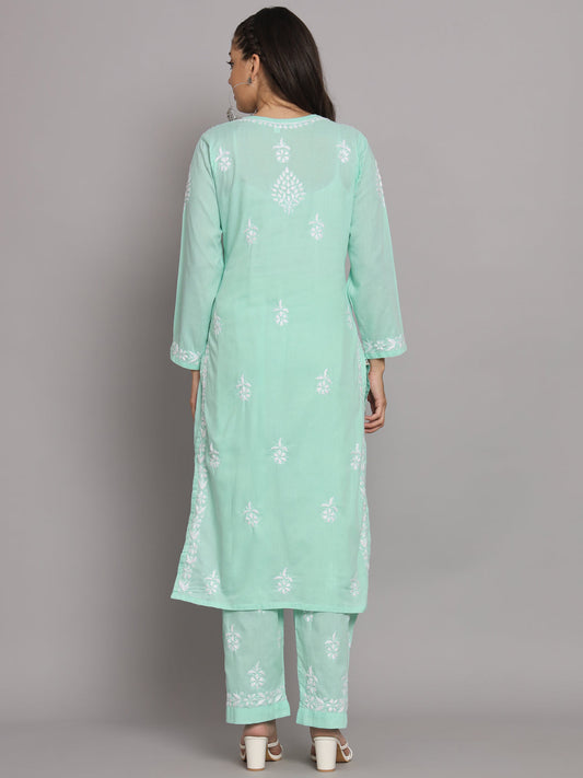 Women Hand Embroidered Chikankari Cotton Kurta Set-AL3674KS Seagreen