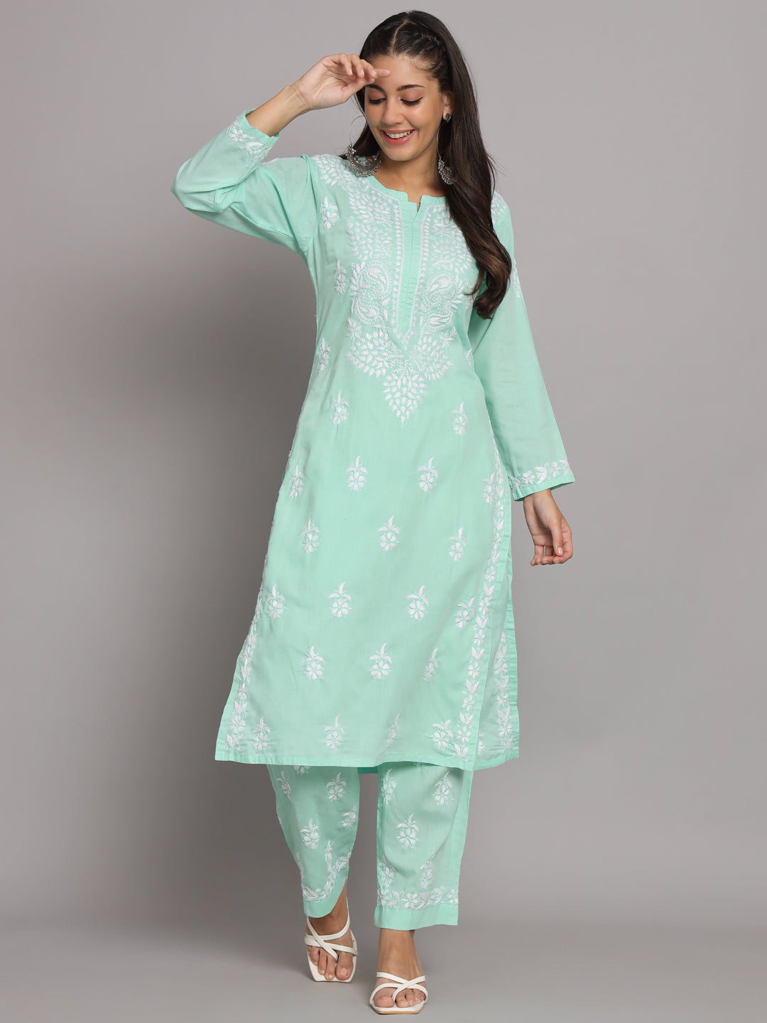 Women Hand Embroidered Chikankari Cotton Kurta Set-AL3674KS Seagreen