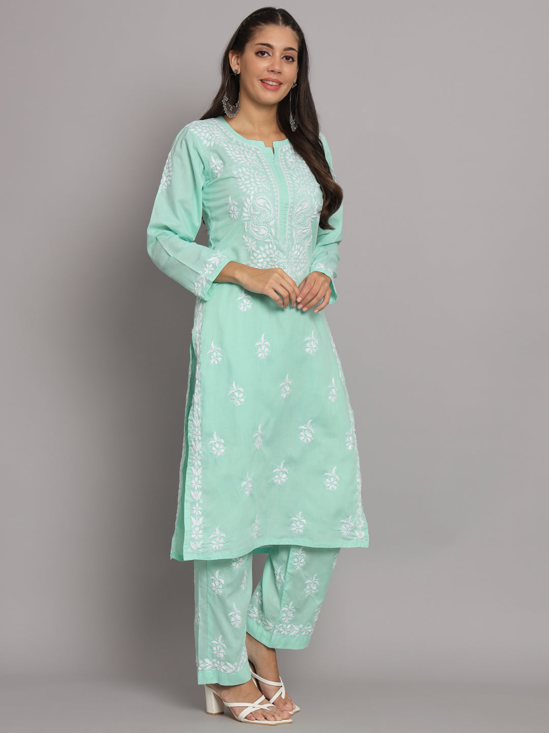 Women Hand Embroidered Chikankari Cotton Kurta Set-AL3674KS Seagreen