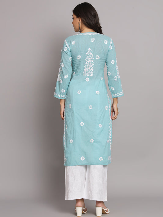 Women Hand Embroidered Chikankari Cotton Straight Kurta-AL3679 Green