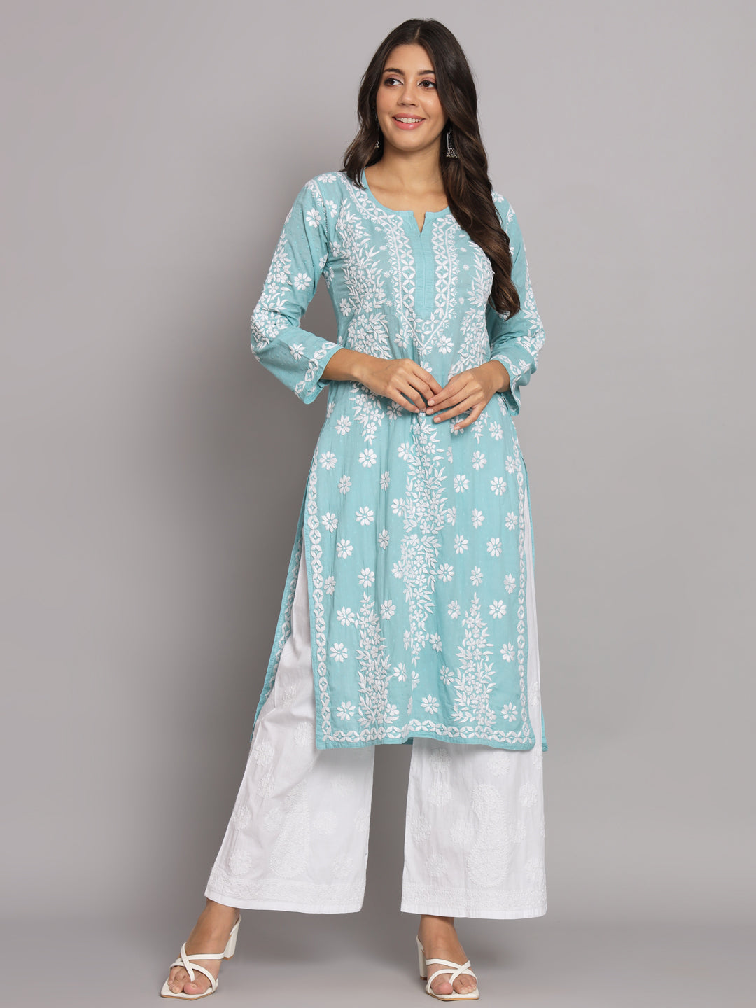 Women Hand Embroidered Chikankari Cotton Straight Kurta-AL3679 Green