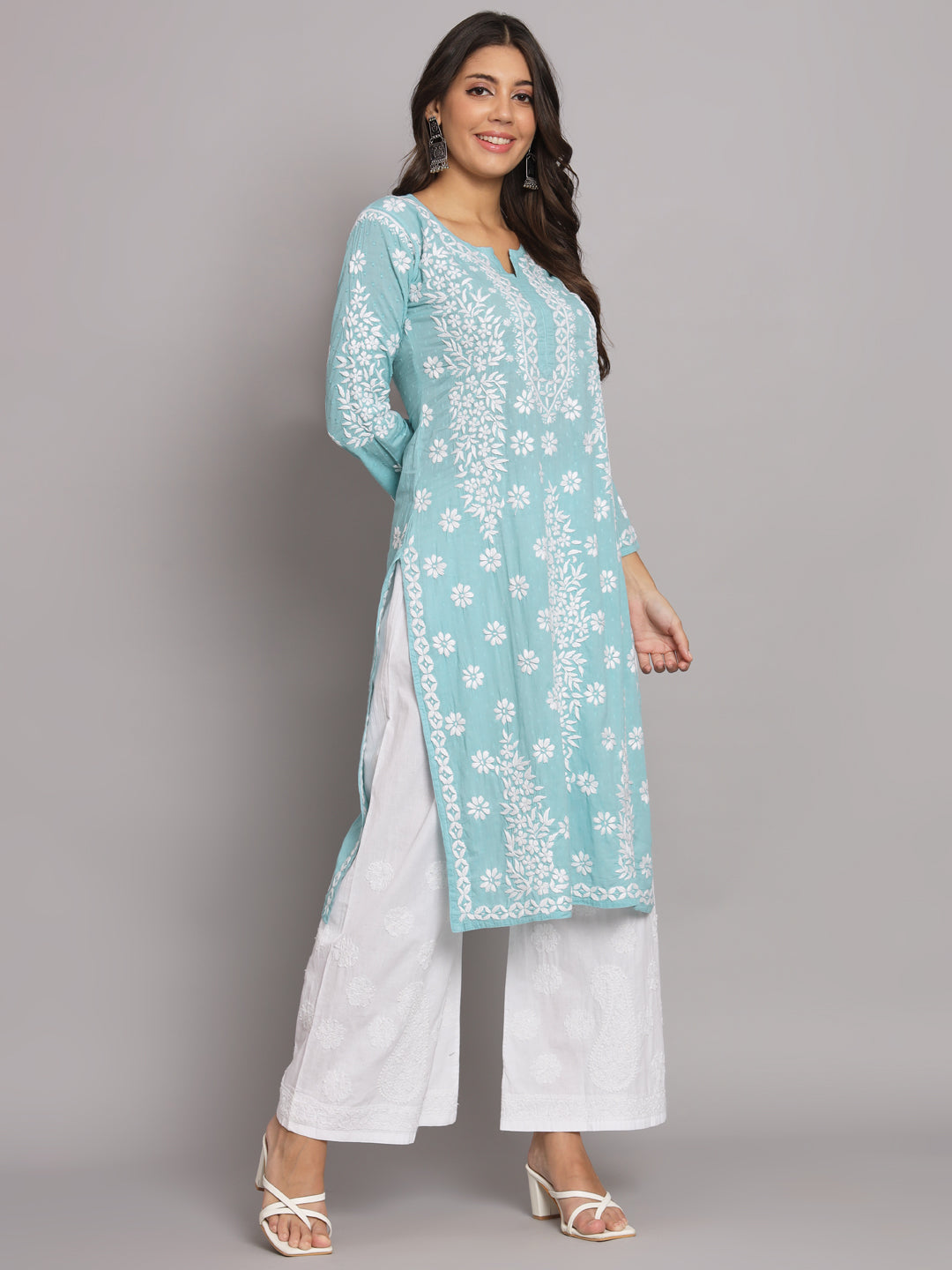 Women Hand Embroidered Chikankari Cotton Straight Kurta-AL3679 Green